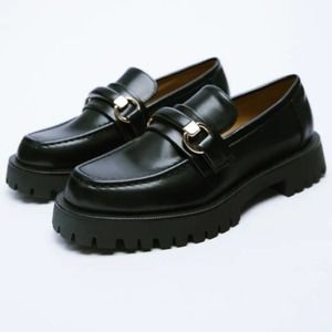 ZARA Black Leather Chunky Lug Sole Platform Loafers